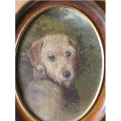 Follower of George Armfield - portrait of a terrier - oil on board, oval, 12cms x 9cms...