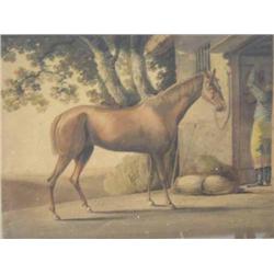 19th Century English School - race horse outside a stable - watercolour, 24.5cms x 31.5cms...