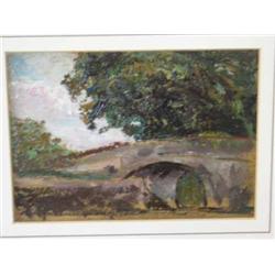Edgar J Adams - rural landscape with bridge in foreground - oil on board; and one other, 40.5cms...