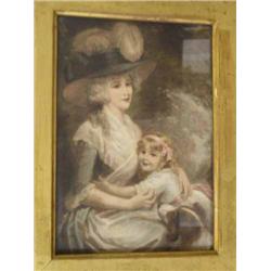 Follower of George Romney - watercolour - lady, daughter and dog in garden 18cms x 13cms...