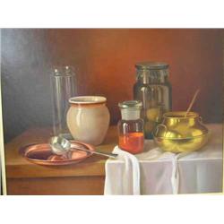 Gombard - oil on panel, still life of jars, signed, 48.25cms x 58.5cms48cms x 58.5cms...