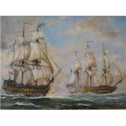 A Kennedy - oil on canvas, 'Capture of French Battleship, 1805', signed 60cms x 90cms...