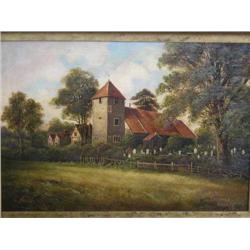 G Noone - Perivale church - oil on board, 37cms x 39cms...