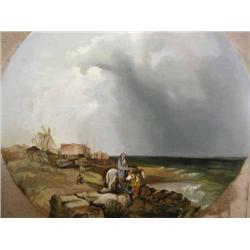 19th Century Dutch School - coastal scene - oil on canvas, framed to the tondo, Dia 50cms...