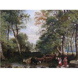 19th Century English School - cattle and figures in a landscape - oil on canvas; and a pair water...