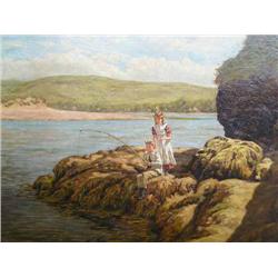 J C H - children fishing on a rocky coast - oil on canvas, initialled and dated 1877, 50cms x 75c...