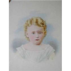 A head and shoulder portrait of a young child - watercolour, oval, in leather case, 22cms x 17cms...