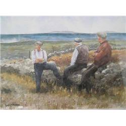 Chris McMorro - Irish coastal landscape with figures - watercolour, signed; and three other pictu...