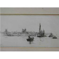 William Lionel Wyllie (1851 - 1931) - barges at Rochester - print, signed in pencil, 7.5cms x 15c...