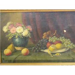 19th Century English School - still life of flowers and fruit - oil on board, monogrammed, 37.5cm...