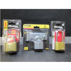 Lot of 3 New Locks / 2 Master Locks & 1 Stanley with hasp