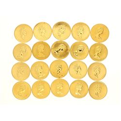 COINS:  [20]  Canadian Gold Maple Leaf fifty dollar 1 ounce (.999) fine gold coins;  [assorted dates