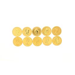 COINS: [10] Canadian Gold Maple Leaf fifty dollar 1 ounce (.999) fine gold coins; [assorted dates]