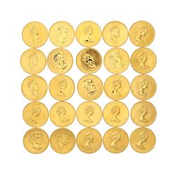 COINS: [25] Canadian Gold Maple Leaf fifty dollar 1 ounce (.999) fine gold coins; [assorted dates]