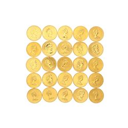 COINS: [25] Canadian Gold Maple Leaf fifty dollar 1 ounce (.999) fine gold coins; [assorted dates]