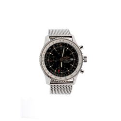 WATCH: [1] Stainless steel gents Breitling World Navitimer GMT Chronograph watch with a black dial a