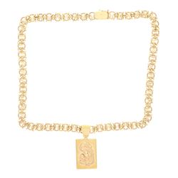 NECKLACE: [1] 14k yellow gold necklace with mother and child pendant, 24 inches long, 2 inch pendant