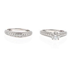 RINGS: 14k white gold wedding set, size 6 with sizing balls; (1) round brilliant cut diamond, 6.37mm