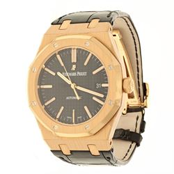 WATCH: [1] 18KRG Audemars Piguet Royal Oak Date watch, black dial, rose gold stick markers, automati
