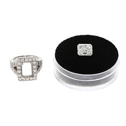 RING: Platinum (tested) ring; (1) radiant dia, 9.84mm x 7.86mm x 5.81mm, 4.00 carats, H/SI2, GIA Rep