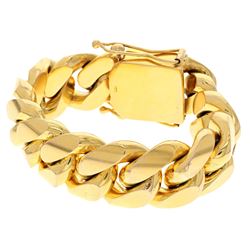BRACELET: [1] 10ky stamped Cuban link bracelet; 9 inches long, 25mm wide, box clasp with two safetie