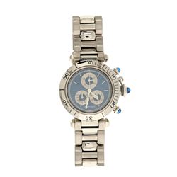 WATCH: [1] S/Steel "Pasha De Cartier" watch, swiss made,35mm case, quartz movement, blue dial, 3 sun