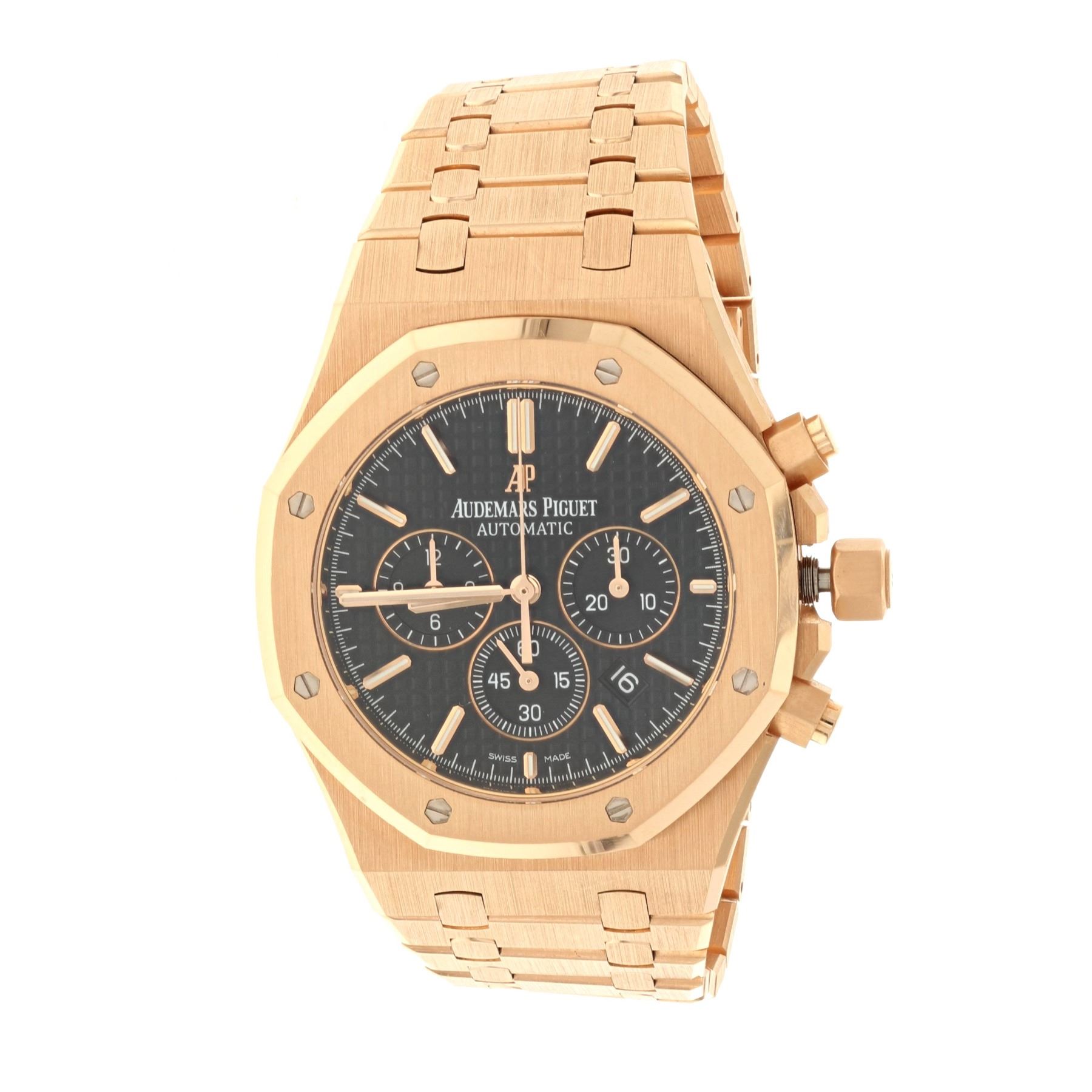 Watch 18k Rose Gold Audemars Piguet Royal Oak Chronograph 50m Watch 41mm Case Black Dial With 3 S