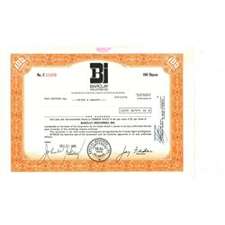 COLLECTIBLE CERTIFICATE: 100 shares of Barclay Industries Inc Stock registered owner name Peter B Ma