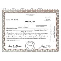 COLLECTIBLE CERTIFICATE: 1 share of Oiltech Inc stock registered owner name Bernard L Madoff CUSIP 6