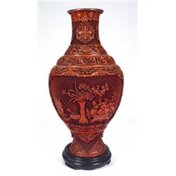 Japanese brass and red lacquer vase carved…