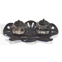 Art Nouveau cast iron desk stand with glas…