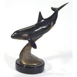 Signed cold painted bronze whale on pedest…