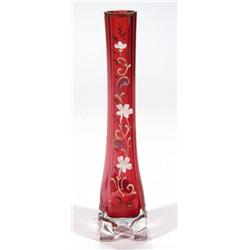 Cranberry coloured four footed glass vase,…
