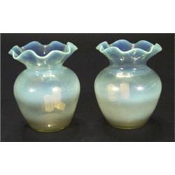Pair of green vaseline glass vases with fr…