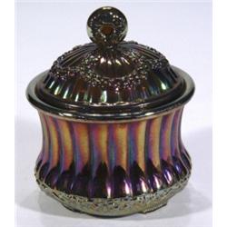 Purple Carnival glass pot and cover, relie…