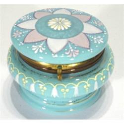 Opaque blue glass pot with hinged lid, ena…