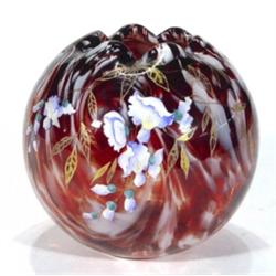 Red and white globular mottled glass vase,…