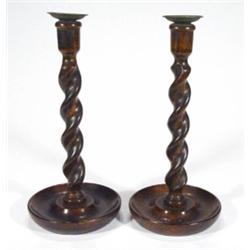 Pair of oak barleytwist candlesticks and m…