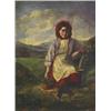 Image 1 : Oil on canvas young girl seated on a hillt…