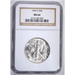 1945-S WALKING LIBERTY HALF, NGC MS-64