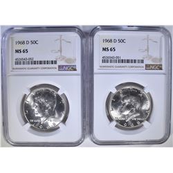 2-1968-D KENNEDY HALF DOLLARS, NGC MS-65