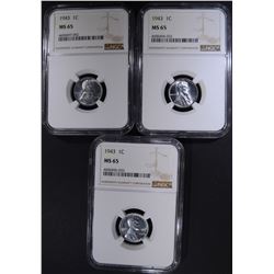 3 - 1943  LINCOLN STEEL CENT NGC MS65