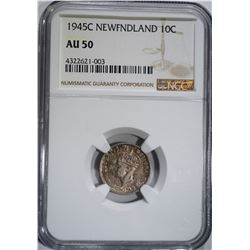 1945-C NEW FOUNDLAND DIME, NGC AU-50