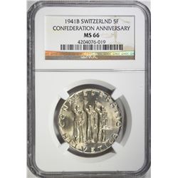 1941B SWITZERLAND 5 FRANKS NGC MS66