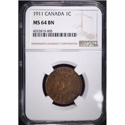 1911 CANADIAN LARGE CENT, NGC MS-64 BN