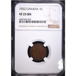 1922 CANADIAN CENT, NGC VF-25