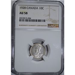 1928 CANADA DIME, NGC AU-58