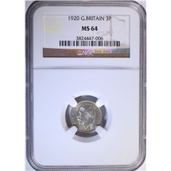 1920 G. BRITAIN 3 PENCE, NGC MS-64