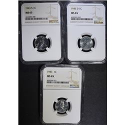 1943 P,D&S LINCOLN STEEL CENT NGC MS65