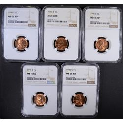 5 1946-S LINCOLN CENTS NGC MS-66 RD